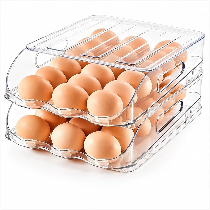 SMRCAD 36-Egg Dispenser with Silicone Bumpers, Auto-Rolling, Stackable | BPA-free food-grade PET | Stackable with lid | Built-in handle | Fits Large to Jumbo Eggs | Hand wash only