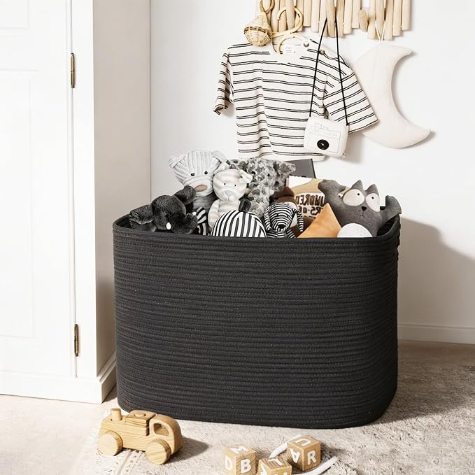 Large Black Basket for Blankets, 108L Rectangle Blanket Storage for Living Room, Jumbo Woven Rope Storage Basket, Oversized Kids Dog Toy Bin Box, Throw Pillow Holder Organizer, 25"x16"x16"