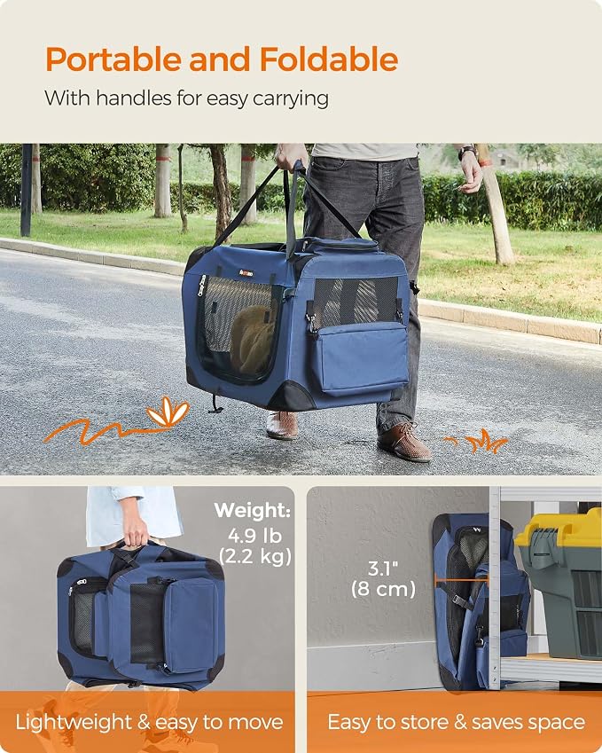 Feandrea Collapsible Soft Dog Crate, Portable Travel, 24 Inches | Dog Carrier Kennel with Safety Zippers for Living Room, Car, Travelling, Dark Blue UPDC60Z