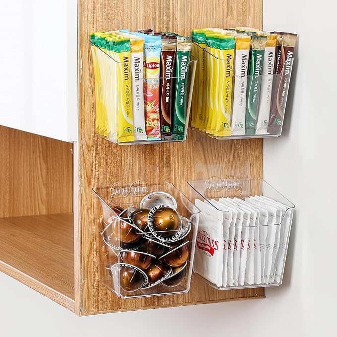 2-Pack Kitchen Cabinet Door Organizer Adhesive, Drink Packet Organizer | Hanging Storage Bins, Stick on Small Wall Storage Container, Clear Bathroom Under Sink Caddy Spice Rack for Pantry Organizer