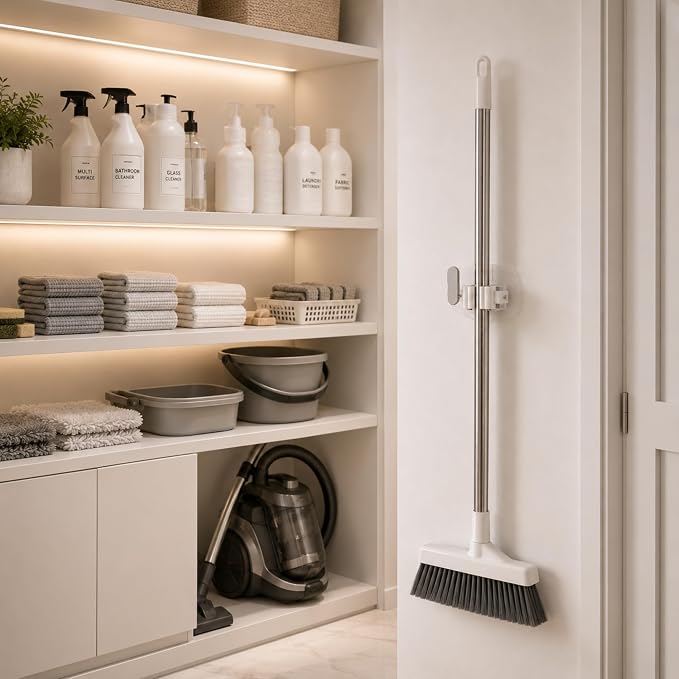Mop Holder Wall Mount Pack of 2, Self Adhesive Broom Holder, Waterproof No Drilling Organizer for Mop, Brush & Cleaning Tools, Bathroom, Kitchen & Laundry