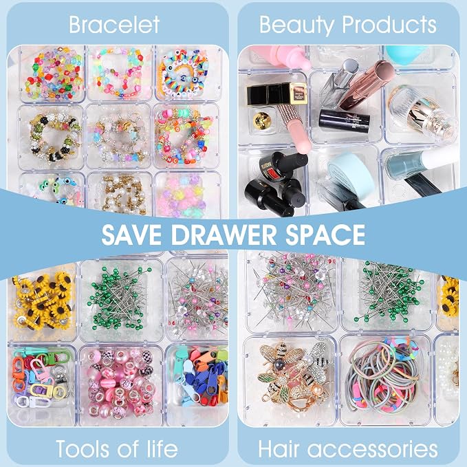 24 Pcs Clear Drawer Organizers 3" x 3" x 2" Stackable Small Makeup Vanity Storage Bins Small Desk Drawer Organization Clear Container Dividers for Makeup Vanity Office Bathroom Kitchen Utensil