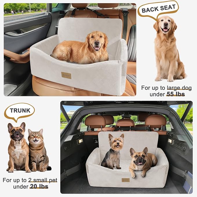 JOEJOY Dog Car Seat for Large Medium Sized Dogs Under 55 lbs, Dog Booster Seat for 2 Small Dogs with Detachable Washable Cover, Memory Foam Pet Car Seat with 2 Safety Belts and Storage Pockets