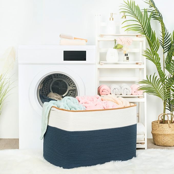112L Extra Large Blanket Basket Holder Living Room, 25"x17"x16" Rectangle Rope Woven Storage Basket with Handles for Laundry, Towels, Shoes, Dog Toy Organizer Bin Box, Prussian Blue