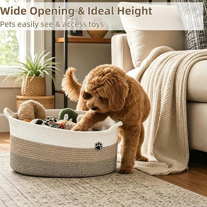Optish 40L Extra Large Dog Toy Basket, 20" x 14" x 9" XL Toy Storage Box and Bin with Handles, Woven Cotton Rope Foldable Basket for Blankets, Living Room, Bedroom, Home Decor, White & Brown