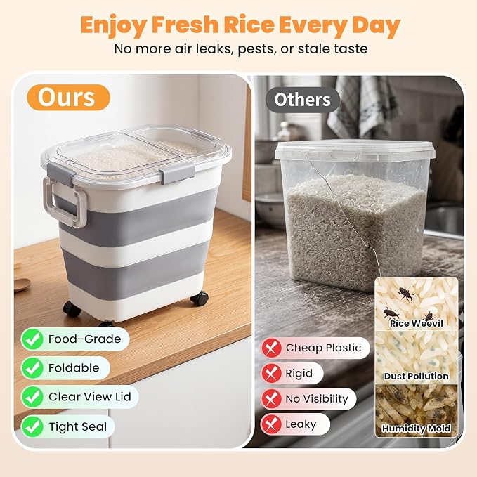 2 Pack 25 Lbs Dog Food Storage Container, Collapsible Rice Container | Airtight Cat Food Container with Wheels, Transparent Lid, Measuring Cup, Scoop and Handle, BPA Free for Pet Food, Bird Seed