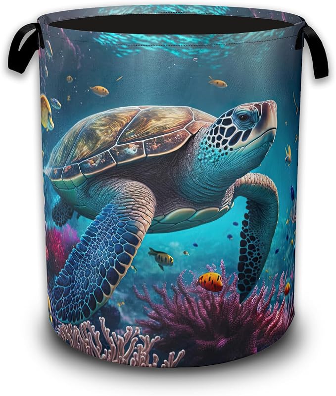 Sea Turtle Ocean Laundry Basket,Laundry Hamper Waterproof Oxford Cloth Tote Bag,Clothes Storage Bucket Decorative Toy Organizer for Bathroom Bedroom 16" x 20.8"