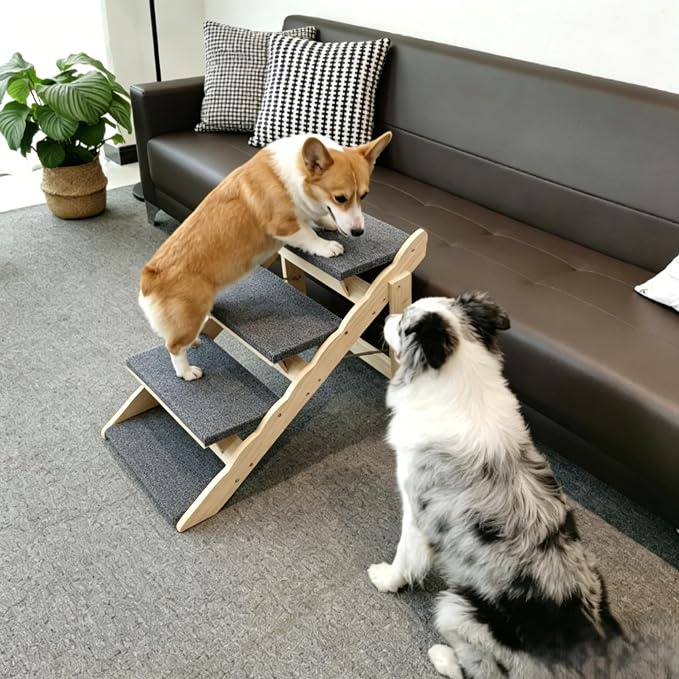 Wooden Pet Stairs, 2-in-1 Folded Pet Steps for Beds, Anti-Slip Dog Ramp with 4 Steps for Small Medium Large Pet, up to 150 lbs