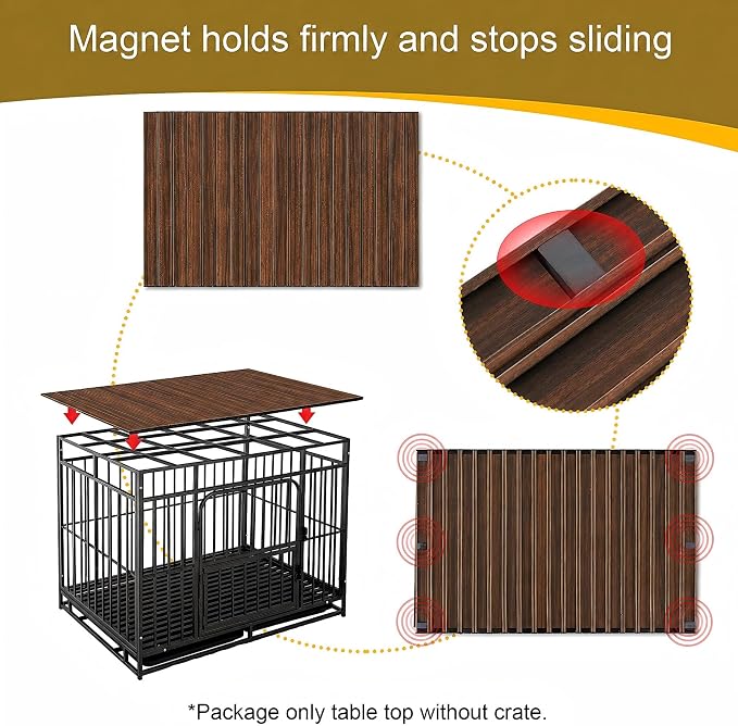 Dog Crate Topper with Magnets for 48 Inch Crate - Aluminum Foldable Dog Kennel Topper Decorative Storage Pet Crate Table Rustic Brown (Only Topper)