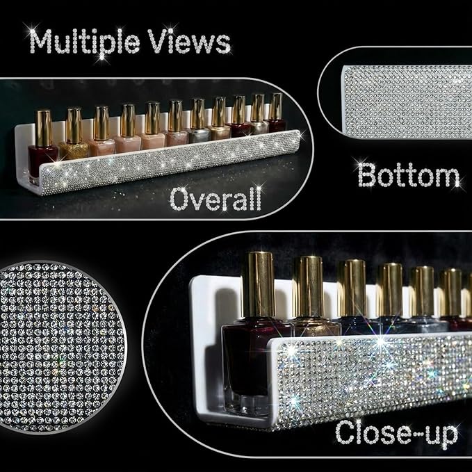 Nail Polish Wall Shelf - 15-Inch Diamond Crystal Display & Organizer Rack, Holds 60+ Polishes, Soft Ledge for Bedroom, Bathroom, Salon,6 Pack