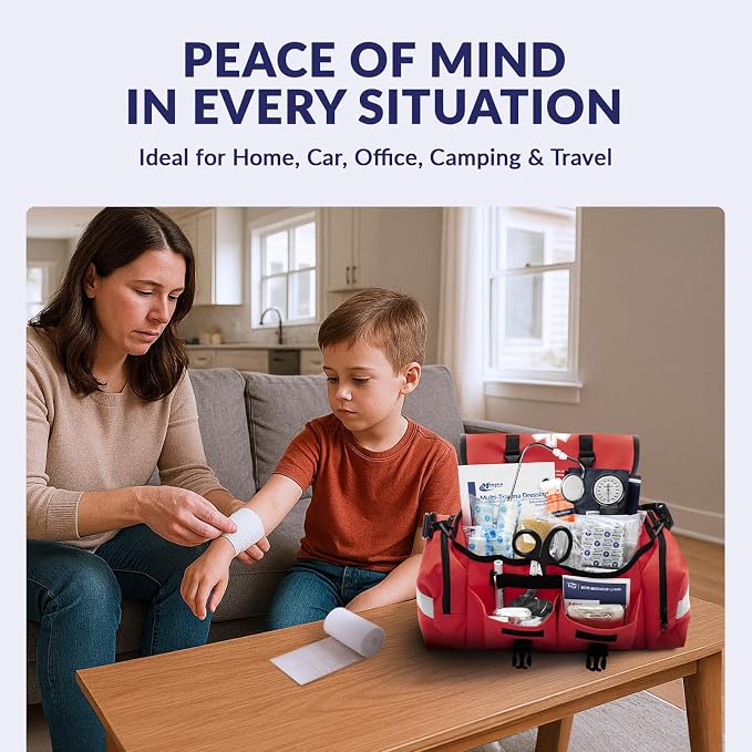 MFASCO Complete Emergency Response First Aid Kit Trauma Bag, Red | 415 Piece Fully Stocked Supplies for Disaster Preparedness | for Business, Schools, Organizations, Groups, Home Safety