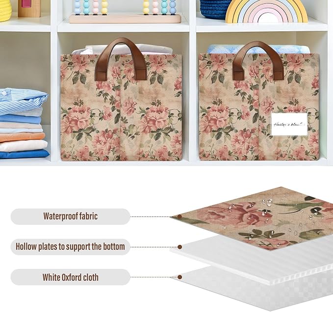 Rustic Vintage Pink Floral Retro Storage Bins for Shelves with Labels&Handles Fabric Organizer Bin Foldable Rectangle Storage Basket Boxes for Closet, Bathroom, Home, Living Room, 2 Pack