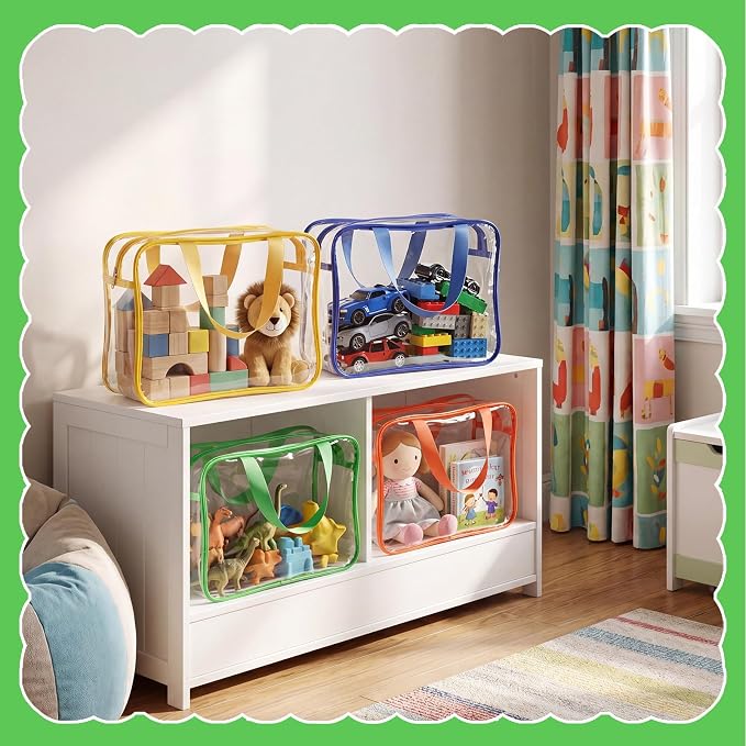 Toy Storage Bags 4 Pack, Clear PVC Toy Organizers, Colorful | Waterproof PVC, Large 30 x 10 x 22 CM Size, Label-Ready, For Toys, Books, Puzzles, Classroom and Travel