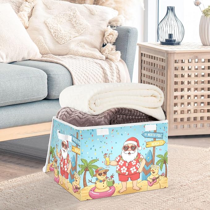 Fabric Storage Bins with Lid Tropical Santa Beach Closet Storage Basket 40L | Foldable & Stackable, Flip Top Dust Guard, Reinforced Handles, Home & Bedroom, Clothes & Toys, Oxford Print Basket