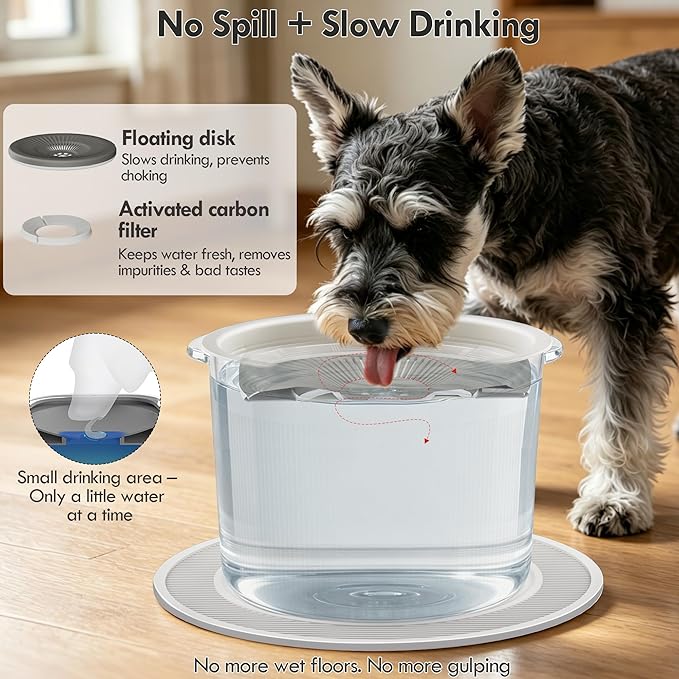 No Spill Ceramic Dog Water Bowl, Large Capacity Slow Drinking Bowl with Floating Disk & Filter, Heavy Duty Anti-Slip Bowl for Small to Medium Dogs, Cats & Multi-Pet Homes Indoor Outdoor