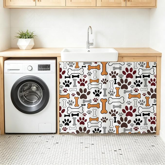 Dog Claws Oven Skirt Curtain for Kitchen Decor 28"x35", Pet Cat Cartoon Cute Animal Bone Pawprints Self Adhesive Stove Curtains Skirt Cabinet Curtains for Bathroom Laundry Room