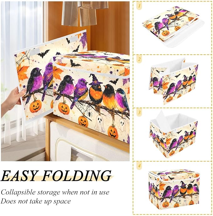 Fabric Storage Bins with Lid Halloween Bird Closet Storage Basket 40L | Decorative Storage Boxes, 300D Oxford Cloth, Hollow Board Frame, Flip Top Velcro Lid, 16.5x12.6x11.8 inch, Collapsible Design