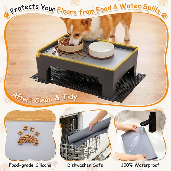 2 Set Elevated Dog Bowl Stand and Waterproof Non Slip Mat, Gray Pad | Reduce Neck, Joint and Spinal Strain, Sturdy Legs, Easy Clean Silicone Pet Food Mat, For Small & Medium Dogs, Cats