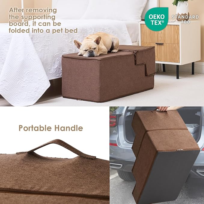 EHEYCIGA Dog Stairs for High Bed 22.5" H, 5-Step Extra Wide Dog Steps for Bed, Pet Steps for Small Dogs and Cats, Non-Slip Balanced Pet Ramp Indoor, Brown