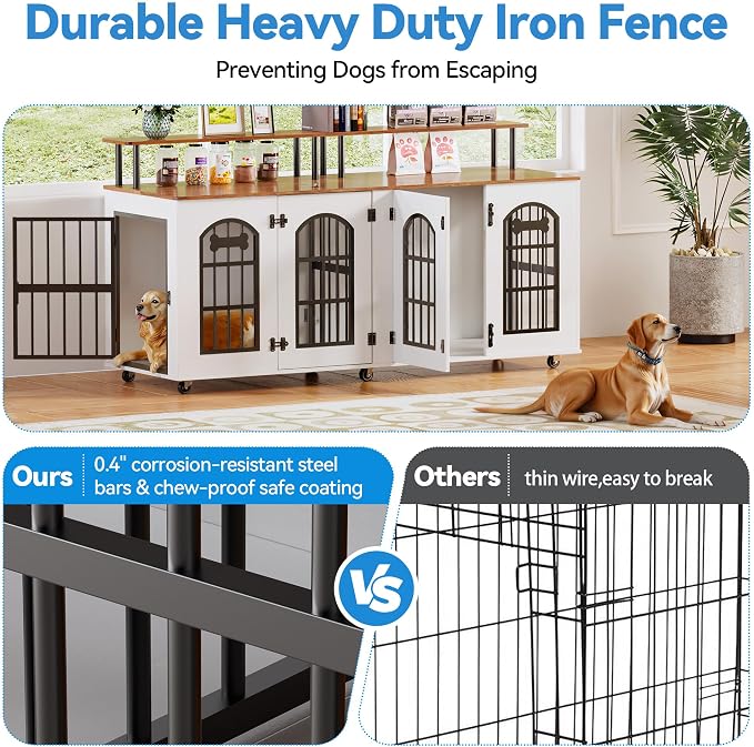 Petrova 63" Dog Crate Furniture for 2 Dogs, Heavy Duty Indoor Dog Kennel for Medium/Large Dogs, Wooden Dog Cage with Removable Divider, 6 Lockable Wheels, Storage Compartment, White