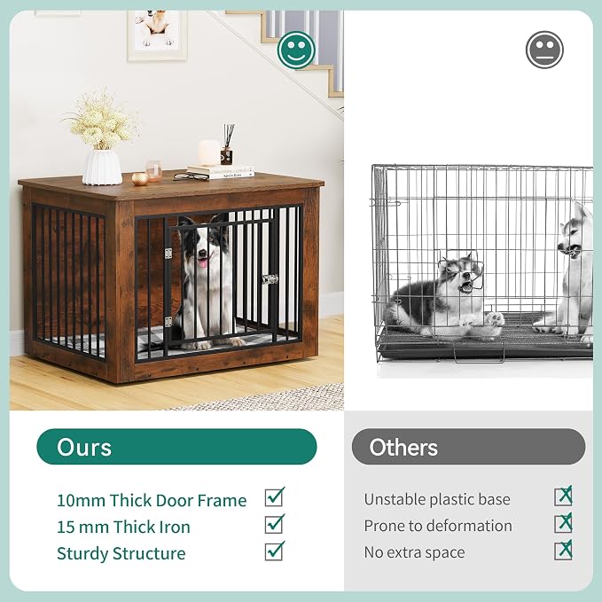YITAHOME 38" Dog Crate Furniture 2-in-1 Iron-Wood Fusion up to 60 lb | Modern Dog Kennel Indoor Side End Table with Waterproof Top, Safety Corners, Steel Lock, Rustic Brown