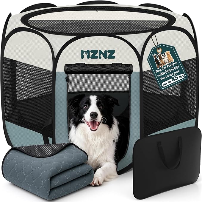 Dog Cat Small Animal Puppy Playpen Crate with Pee Pad, Large, Grey | Portable Pop Up Pet Cage Enclosure Tent Kennel Indoor Outdoor with Carrying Case, No Assembly, Camping Use