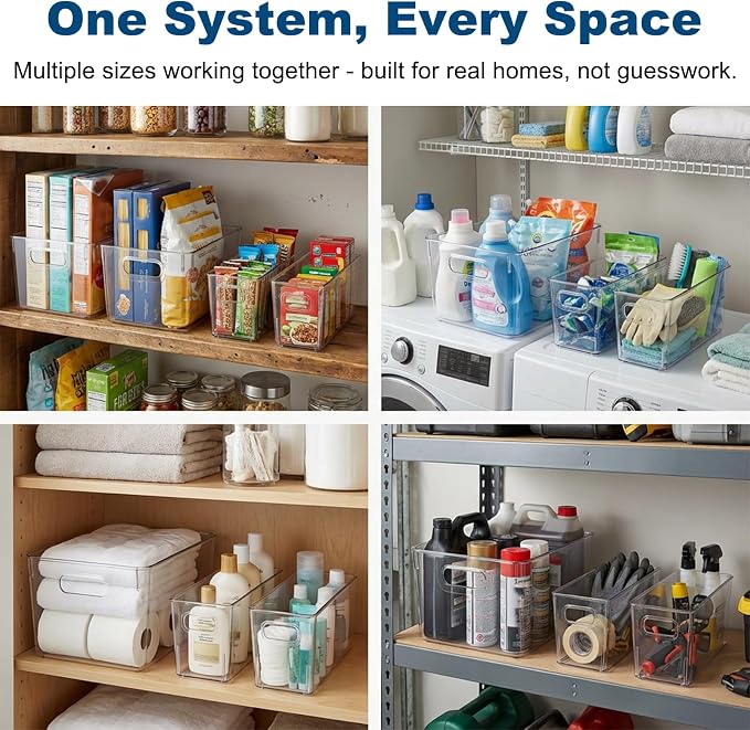 MOONEDGE 4 Pack Clear Plastic Organizer Bins, 2 Large & 2 Small Storage Set | Storage Bins for Pantry, Space-Saving Organizer Containers for Cabinets, Under-Sink, Bathroom, Kitchen, Freezer, Home Storage