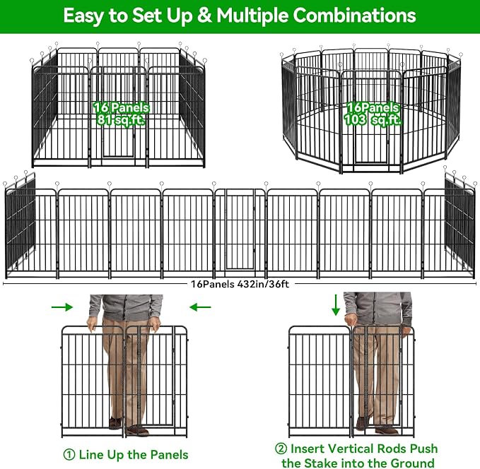 Kfvigoho Heavy Duty Dog Playpen 16 Steel Panels 47" Height | Square Steel Pipe with Reinforced Crossbars, 36FT 103 Sq.ft Portable Dog Fence Outdoor for Yard & RV Camping, Snowy Black