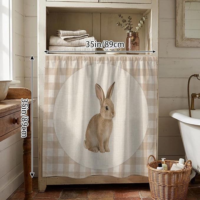 Rabbit Plaid Cabinet Dishwasher Hidden Curtains, Privacy Closet Door Curtain, Rustic Farmhouse Checkered Retro Animal Adhesive Dust Proof Under Sink Skirt for Bathroom Kitchen 35"x35"