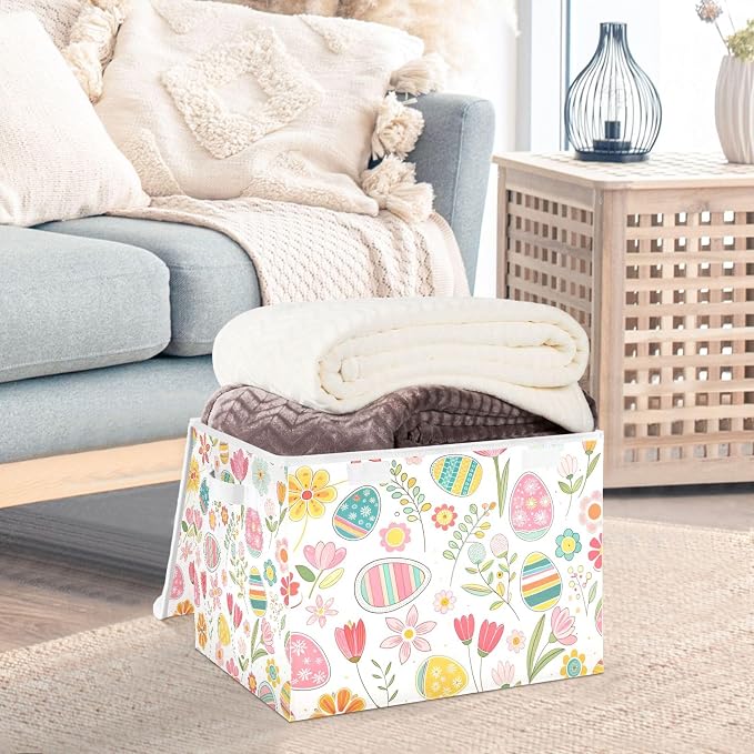 Easter Flower Eggs Storage Bins with Lids and Carrying Handle,Foldable Storage Boxes Organizer Containers Baskets Cube with Cover for Home Bedroom Closet Office