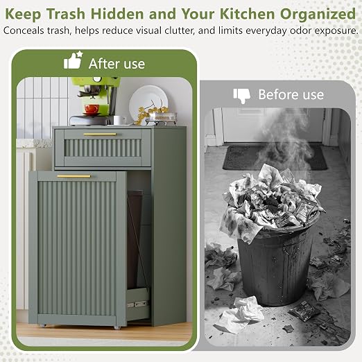Single 13 Gallon Pull Out Trash Can Cabinet with Drawer, Garbage Cabinet | Pet Proof Hidden Trash Storage, Fluted Farmhouse Design, Space-Saving Kitchen Organizer, Dining Room Storage,Green