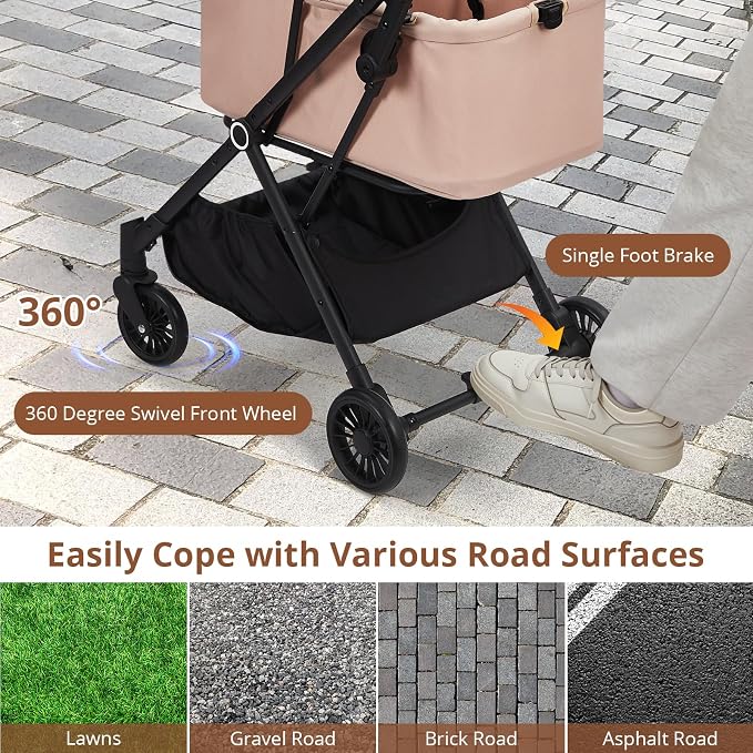 Foldable Pet Stroller for Medium Small Dogs Cats, 4-Wheel Lightweight Dog Stroller with 360° Swivel Wheels & Foot Brake, Breathable Mesh Weather-Resistant Luxury Cat Travel Carriage, 50 Lbs, Khaki