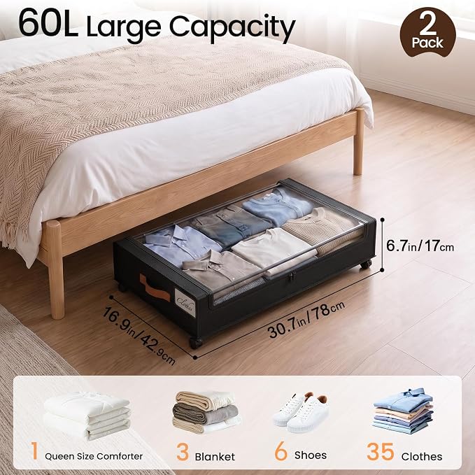 Yecaye 60 L Under Bed Storage with Wheels, 2 Pack Under Bed Storage Containers with Clear Window & Label, Rolling Under bed Shoe Storage organizer for Clothes, Shoes, Black