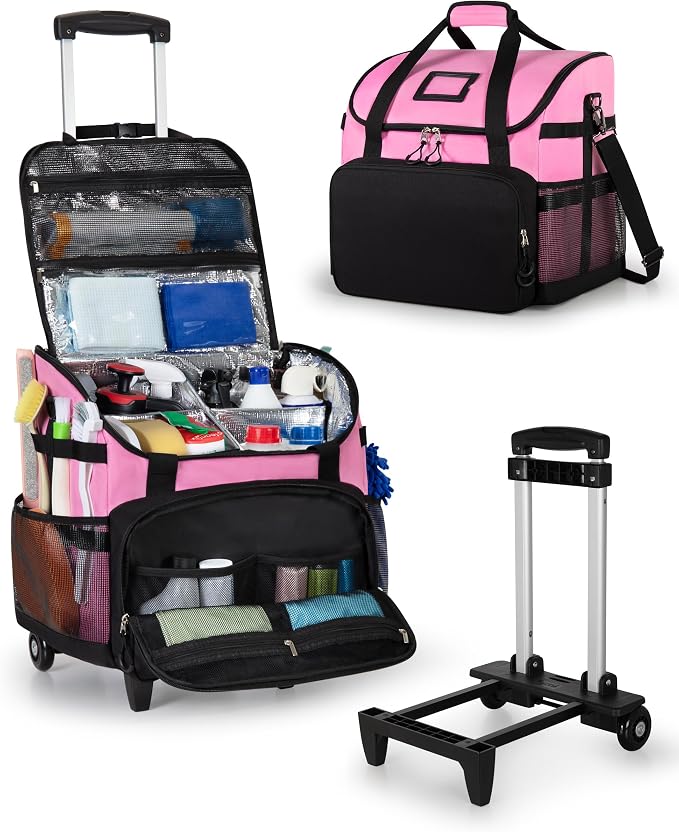 Marscamd Large Rolling Cleaning Caddy Bag with Detachable Trolley, Pink | with Detachable Shoulder Strap, Cleaning Bags for Housekeepers on Wheels