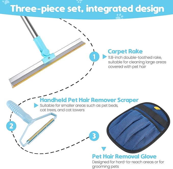 3-in-1 Pet Hair Removal Tool Kit Dog Hair Remover and Carpet Rake Includes Handheld Pet Hair Removal Tool and Grooming Glove Removes Embedded Fur from Carpets Rugs Furniture and Pet Beds