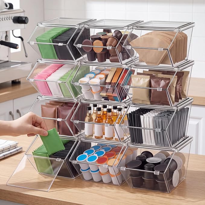 Yerliker 12 Pcs Clear Plastic Storage Bins with Lids Stackable Pantry Storage Organizer Kitchen Cabinet Organizers Ideal Containers for Coffee Pod Tea Sugar Bag Cabinet Home (Extra Large)