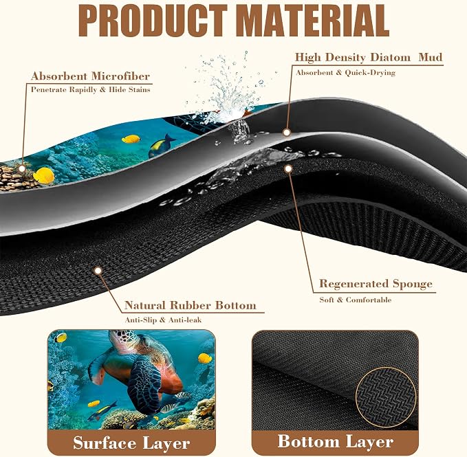 Sea Turtle Coffee Mat Absorbent Dish Drying Mat for Kitchen Counter Hide Stain Rubber Backed Coffee Bar Accessories Fit Under Espresso Machine Dish Rack, 11.8 x 19.7 Inch