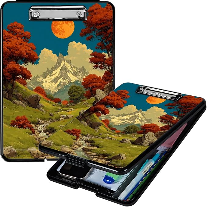Heavy Duty Storage Clipboard, Slim Nursing Clipboard with Internal Pen Case, Portable File Organizer Case for A4 Letter Size Paper Office Medical Professionals, Snow Mountain Moon Brook