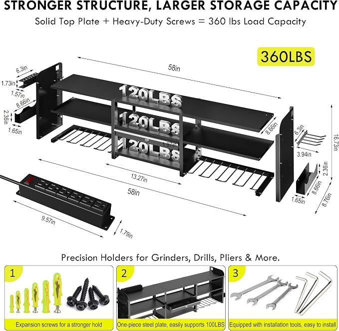 KSVO Large Power Tool Organizer Wall Mount with Locking Drawers, Black | Grinder Holder, Hammer & Pliers Rack, 6-Outlet Charging Shelf, Heavy-Duty Metal Storage for Garage & Workshop