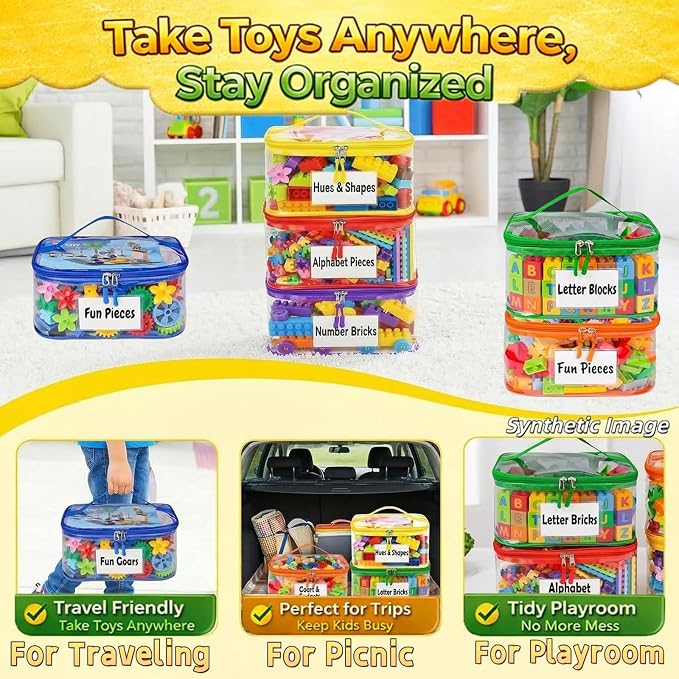 6 Pack Clear Toy Storage Bags, Kids Toy Organizer with Zipper, Waterproof PVC, Large Capacity for Puzzles, Blocks & Board Games, Easy Sorting with Labels