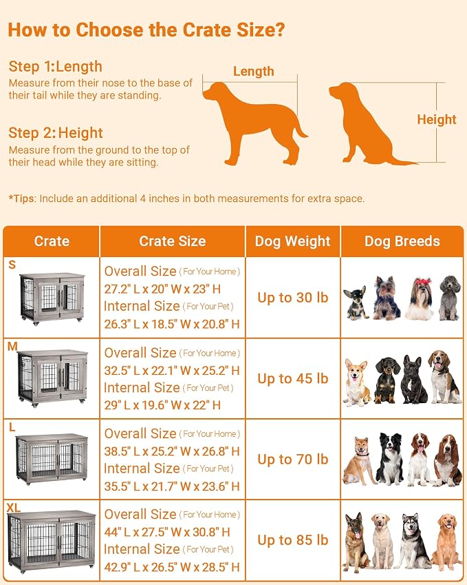 YaFiti Dog Crate Furniture, 44" Wooden Indoor Dog Kennel, Grey | Cushion, Wheels, Double Doors, for Large Dogs, Up to 85 lb, Furniture Style, Side End Table, Decorative Pet Cage House