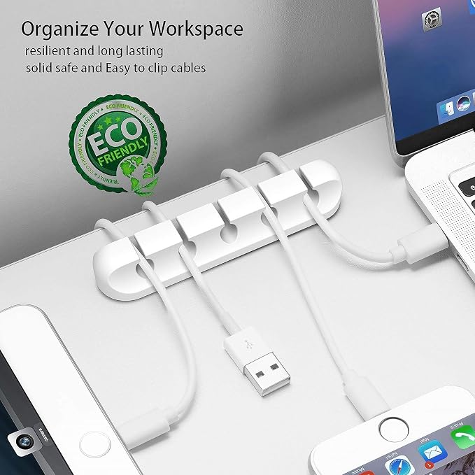 TviewSmart Cord Organizer for Desk, 5 Pack Cord Holders, Cable Clips, White | Silicone cable management clips self adhesive for nightstand and charger, 7-5-3-1-1 slots hold USB and phone cords up to 6 mm