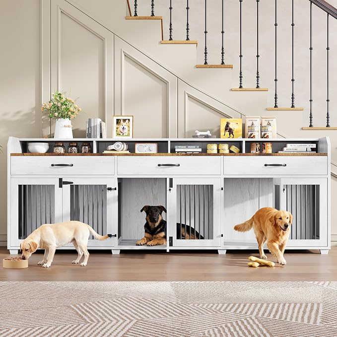 AMERLIFE 95" Dog Crate Furniture, Multi-Functional TV Stand with Storage | Dog Kennel with Drawers & Removable Divider for Medium/Small Dogs, White Barnwood