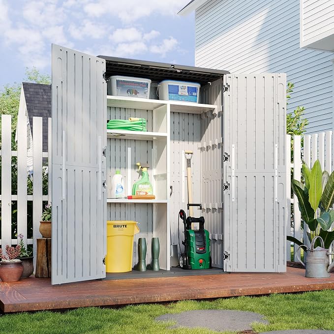 Aoxun 64 Cu.Ft Resin Storage Shed with Metal Shelving Kit & Floor, White | Vertical Waterproof Storage Cabinet for Garage, Pool, Bike, Garden Tools, Patio Furniture
