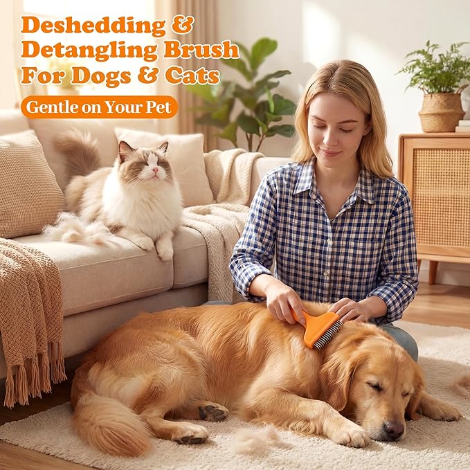 Undercoat Rake & Self-Cleaning Deshedding Brush for Dogs & Cats, Removes Mats & 95% Loose Hair, Grooming Tool for Long Hair Pets - Orange