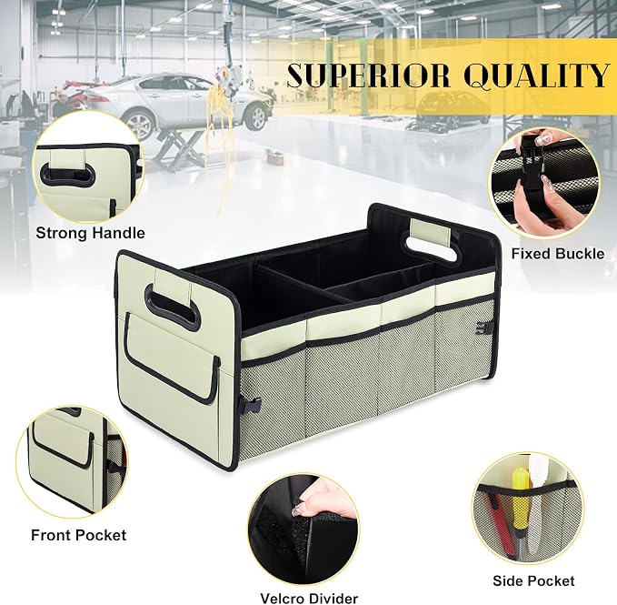 Car Trunk Organizer, Collapsible Car Organizers and Storage Light Green | Sturdy, Large Capacity, Clean Decor, Multi Compartment Container Box, Adjustable Car Accessories for SUV Sedan Truck