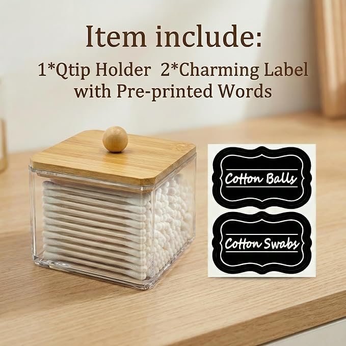 SheeChung Square Acrylic Qtip Holder with Bamboo Lid, Set of 1 Bathroom | Qtip Holder for Bathroom, Clear Apothecary Jar for Cotton Balls, Beauty Pads, Hair Ties, Boho Vanity Decor & Organizer