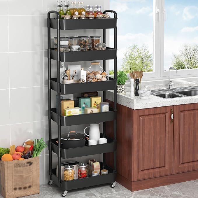 Sywhitta 6-Tier Plastic Rolling Utility Cart with Wheels for Storage,Black | Multi-Functional Storage Trolley, for Office, Living Room, Kitchen, Bathroom,Movable Organizer,Space-Saving,Easy to assemble