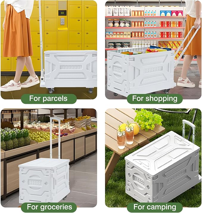 VECELO 23 GAL 2-in-1 Foldable Shopping Cart, Collapsible Utility Cart with Adjustable Handle & 360° Wheels, Dual-Mode Rolling Crate (Basket/Flatbed) for Groceries, Camping, Compact Storage, White
