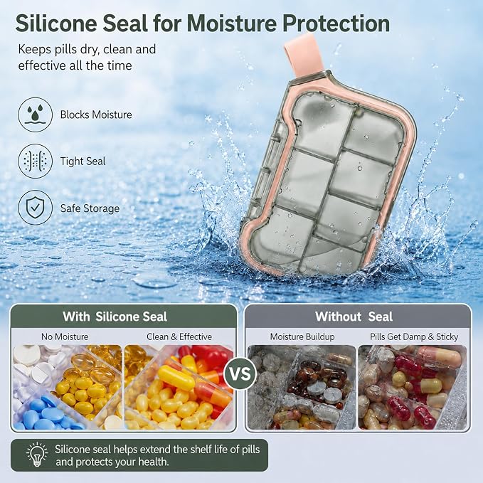 Small Pill Case, Travel Pill Organizer, Pocket Size Medicine Box | 7 Compartments Compact Pill Box for Fish Oil Vitamins Supplements Daily Medications, Purse Backpack Office